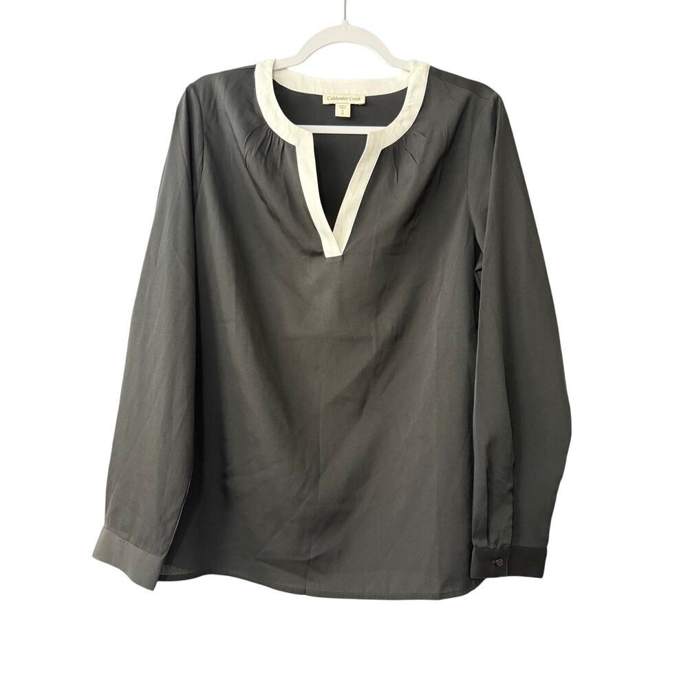 NWT Coldwater Creek Size S 8 Women Shirred Contrast Black White Blouse V Neck